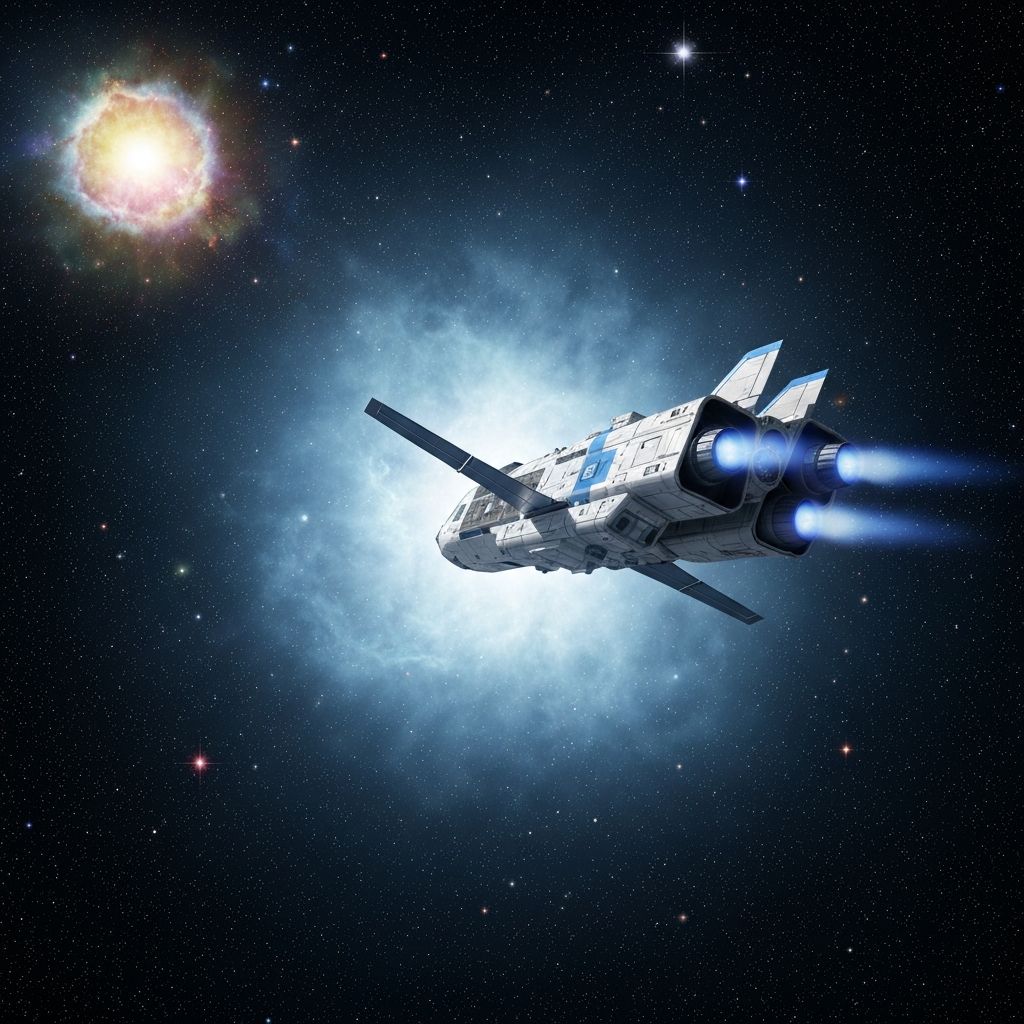 Spacecraft surrounded by a warp bubble distorting spacetime, with streaking stars in deep space